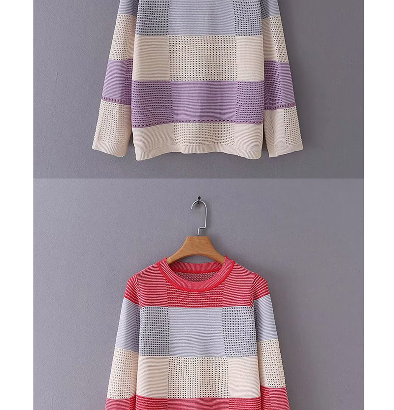 Fashion Purple Colorblock Round Neck Long Sleeve Sweater,Sweater