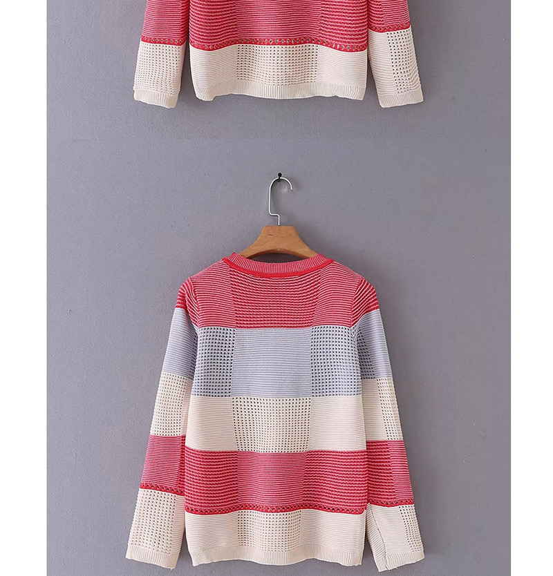 Fashion Red Colorblock Round Neck Long Sleeve Sweater,Sweater