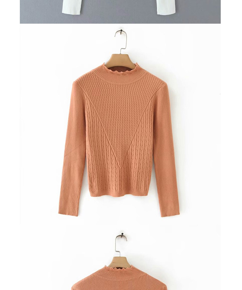 Fashion Brown Wavy Edge Stand Collar Long Sleeve Pullover,Sweater