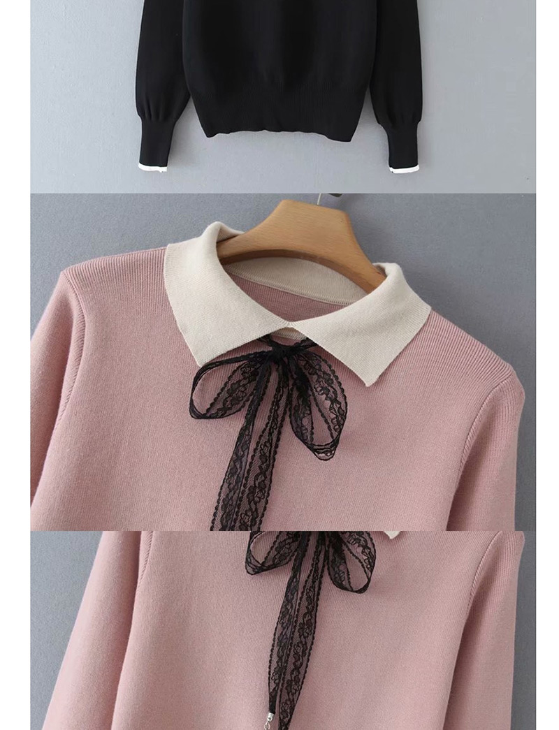 Fashion Black Lapel Lace-up Sweater,Sweater