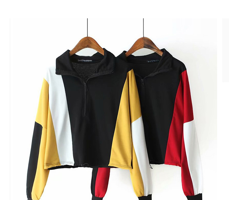 Fashion Yellow Colorblock Zippered Sweater,Coat-Jacket