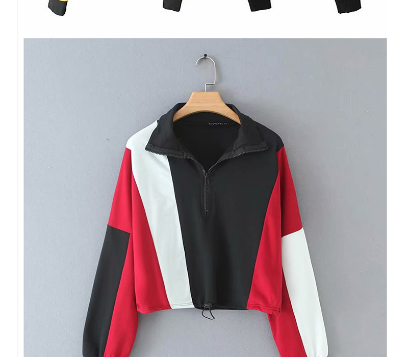 Fashion Red Wine Colorblock Zippered Sweater,Coat-Jacket