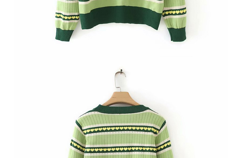 Fashion Green Heart-stitch Striped Color Round Neck Sweater,Sweater