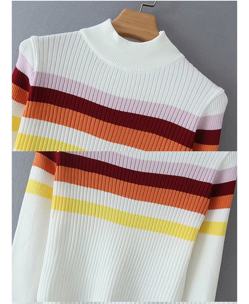 Fashion White + Wine Red Striped Color Turtleneck Sweater,Sweater
