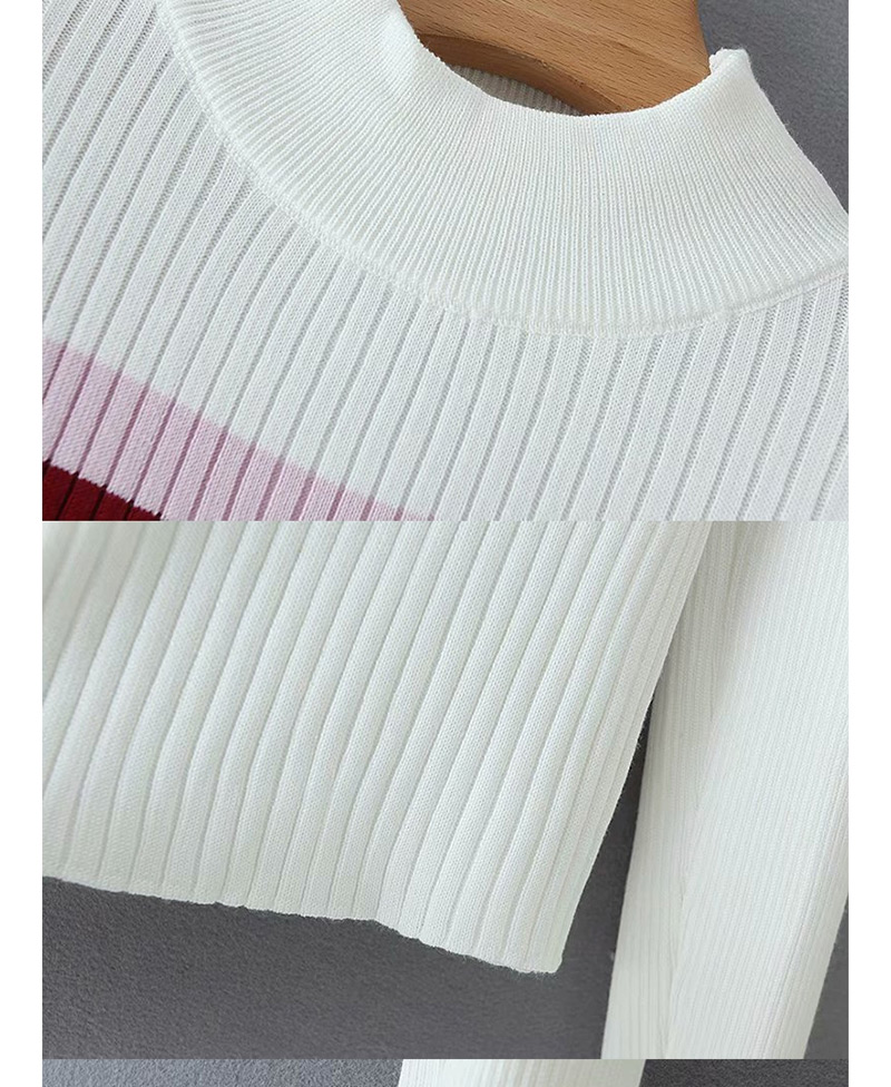Fashion White + Wine Red Striped Color Turtleneck Sweater,Sweater