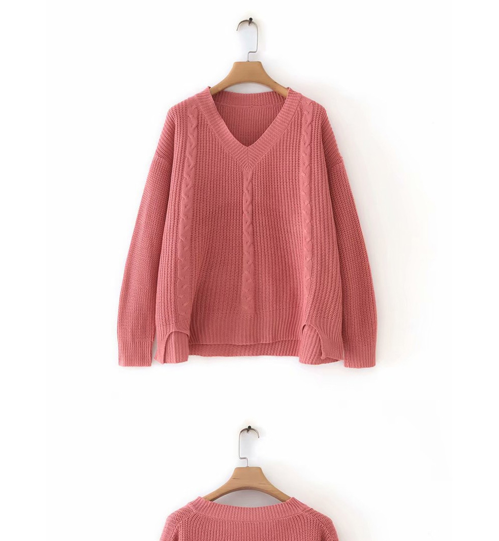 Fashion Leather Pink Split V-neck Sweater,Sweater