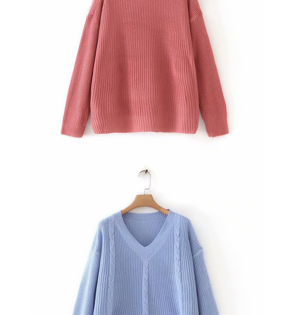Fashion Blue Split V-neck Sweater,Sweater
