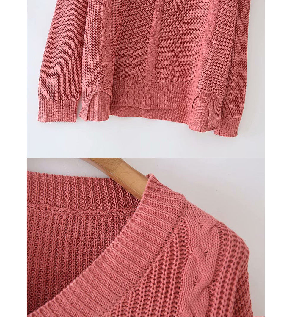 Fashion Leather Pink Split V-neck Sweater,Sweater