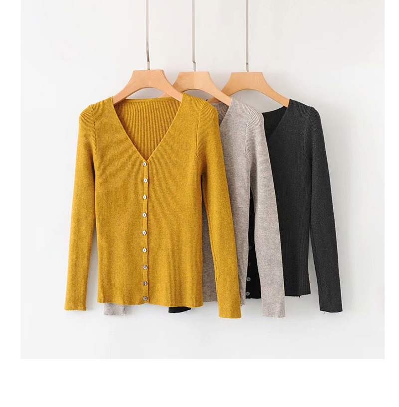 Fashion Yellow Button Long Sleeve Sweater,Sweater