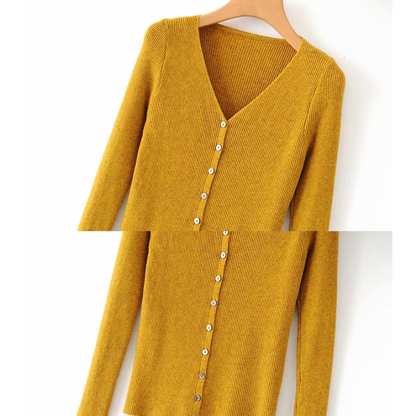 Fashion Khaki Button Long Sleeve Sweater,Sweater