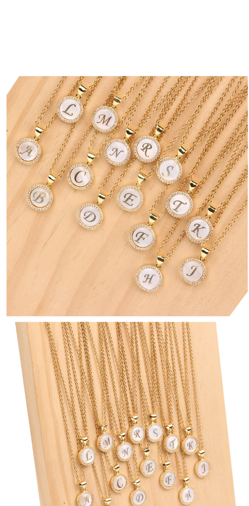 Fashion Golden F Stone Shell Round English Alphabet Necklace,Pendants