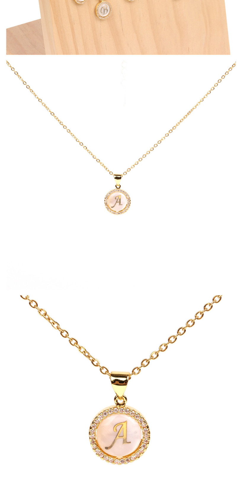 Fashion Golden K Stone Shell Round English Alphabet Necklace,Pendants
