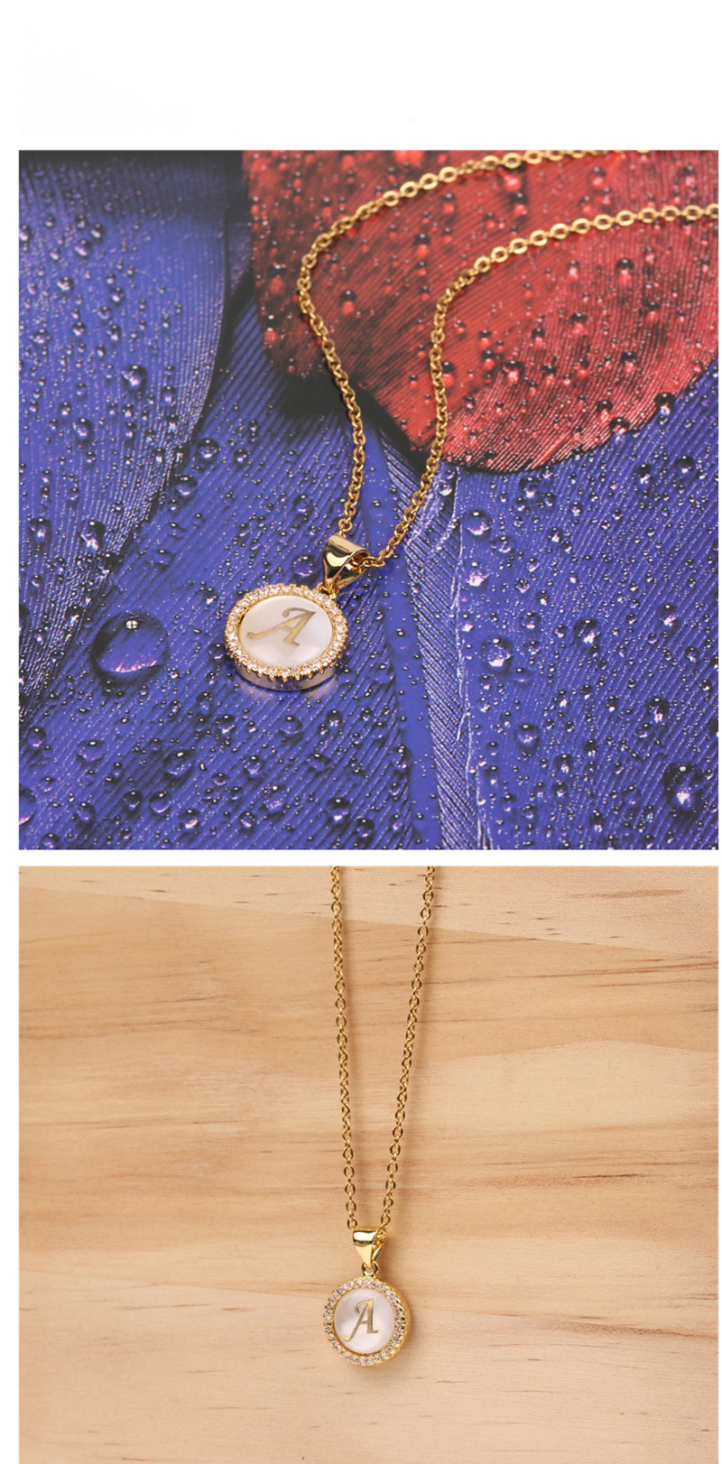 Fashion Golden F Stone Shell Round English Alphabet Necklace,Pendants