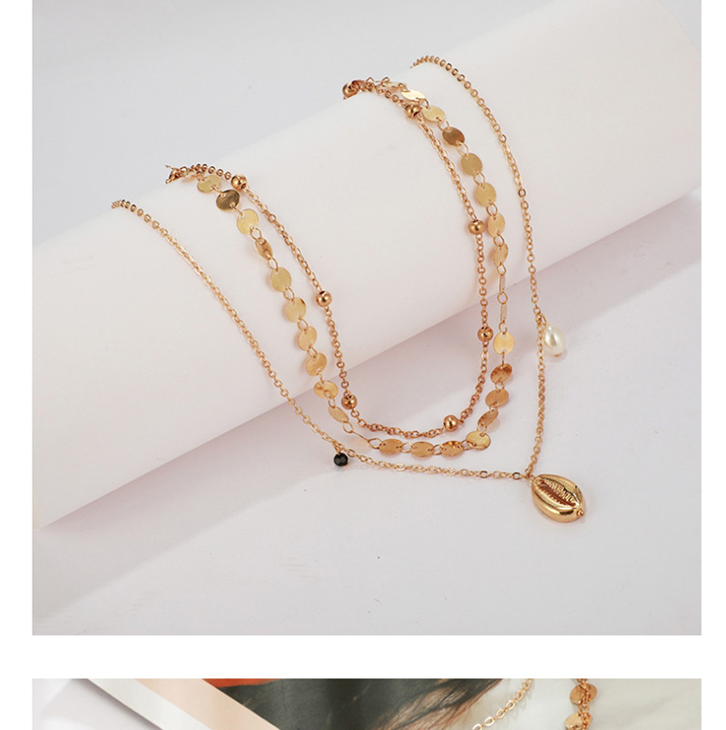 Fashion Gold Geometric Round Pearl Shell Multi-layer Necklace,Multi Strand Necklaces