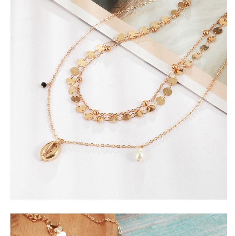 Fashion Gold Geometric Round Pearl Shell Multi-layer Necklace,Multi Strand Necklaces