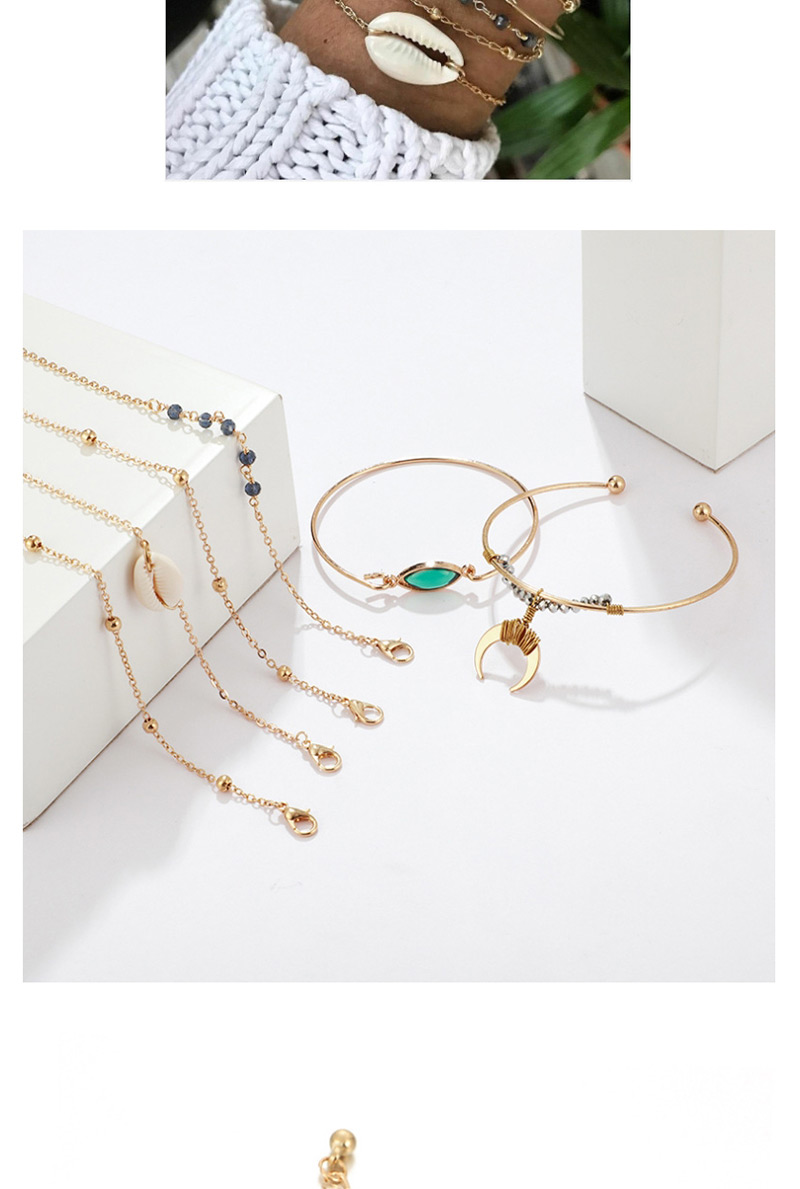 Fashion Gold Horn Green Diamond Chain Shell Set (6),Bracelets Set