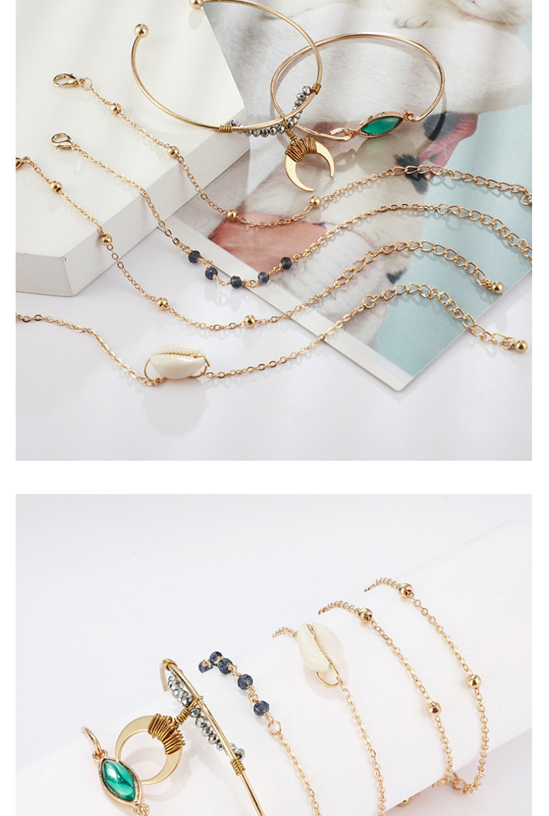 Fashion Gold Horn Green Diamond Chain Shell Set (6),Bracelets Set
