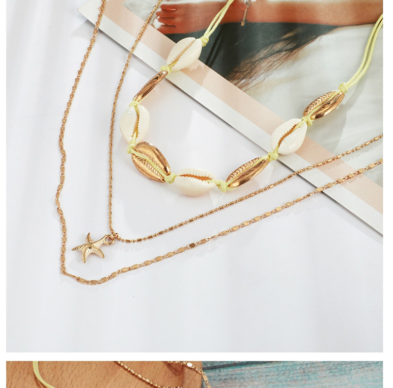 Fashion Gold Braided Alloy Shell Starfish Multi-layer Necklace,Multi Strand Necklaces