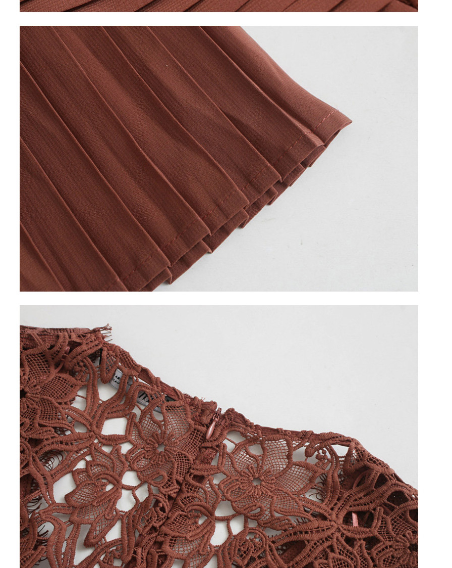 Fashion Photo Color V-neck Lace Stitching Pleated Dress,Long Dress