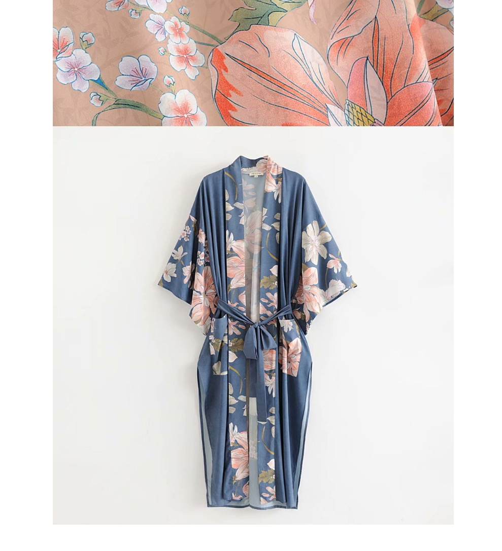 Fashion Blue Flower Printed Holiday Kimono Jacket Top,Coat-Jacket