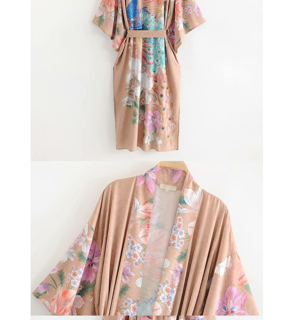 Fashion Khaki Flower Printed Holiday Kimono Jacket Top,Coat-Jacket