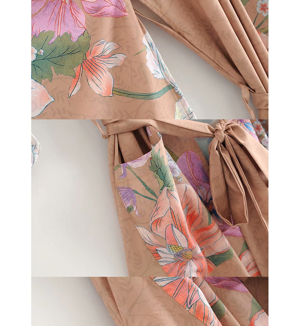 Fashion Khaki Flower Printed Holiday Kimono Jacket Top,Coat-Jacket