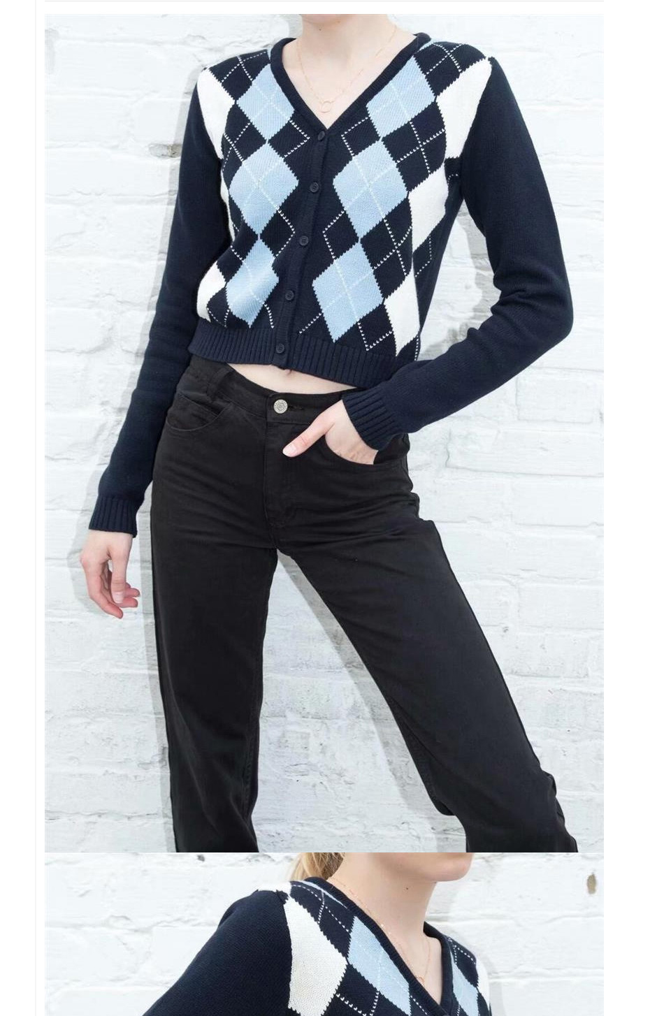 Fashion Navy Plaid Knit Sweater,Sweater