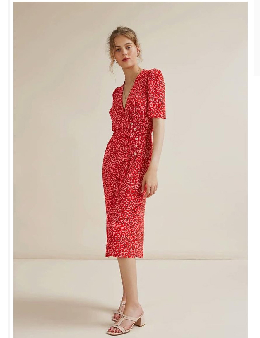 Fashion Red Printed V-neck Dress,Long Dress