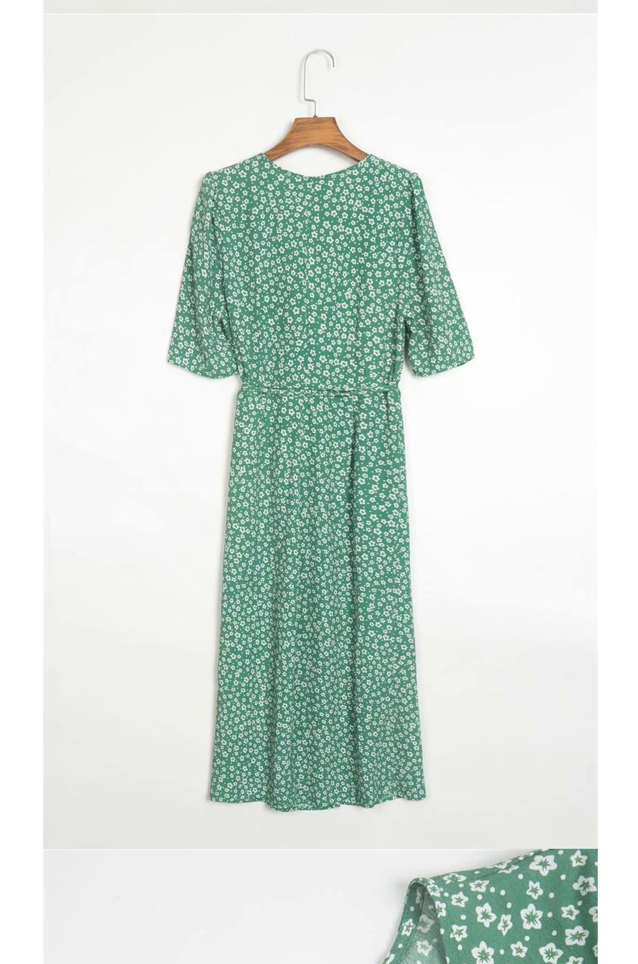Fashion Green Printed V-neck Dress,Long Dress