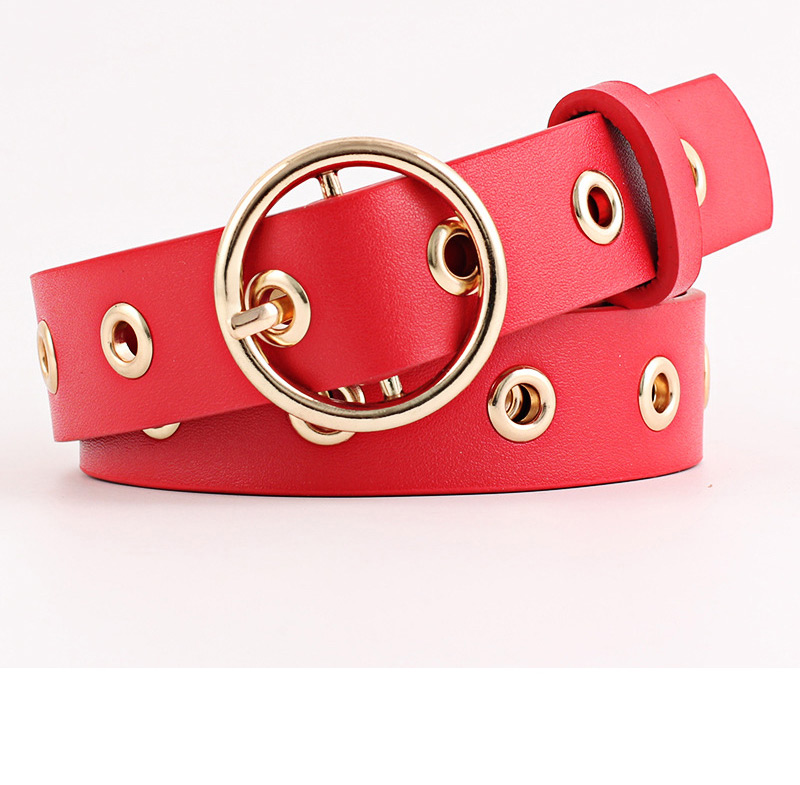 Fashion Pink Round Buckle Wide Leather Hollow Eye Belt,Wide belts
