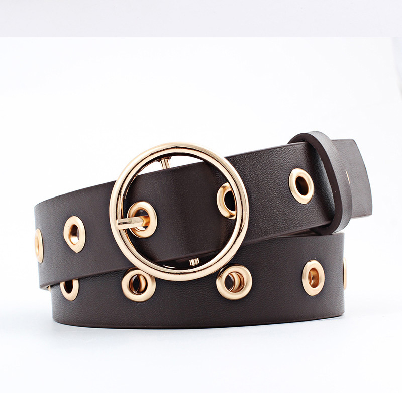Fashion Beige Round Buckle Wide Leather Hollow Eye Belt,Wide belts