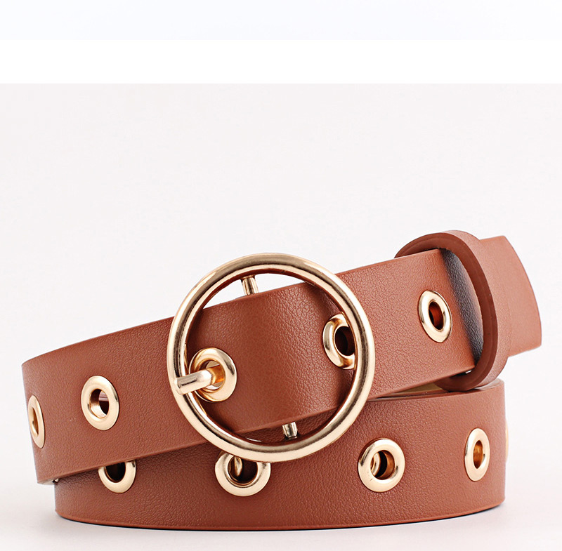 Fashion Coffee Round Buckle Wide Leather Hollow Eye Belt,Wide belts
