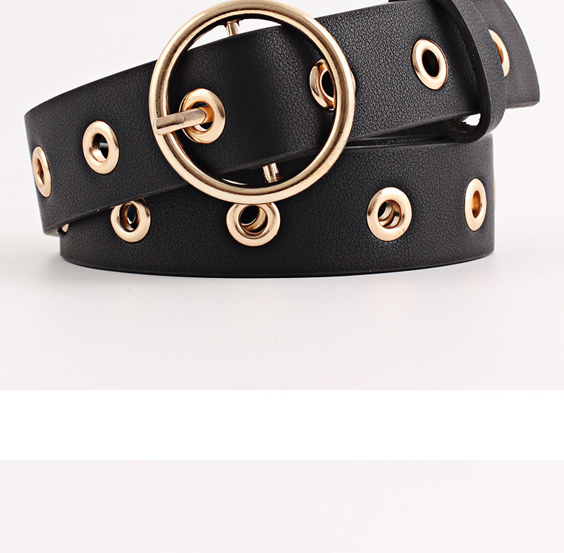 Fashion Beige Round Buckle Wide Leather Hollow Eye Belt,Wide belts