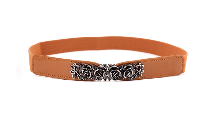 Fashion Camel Rose Imitation Leather Counterpart Elastic Small Waist Seal,Thin belts