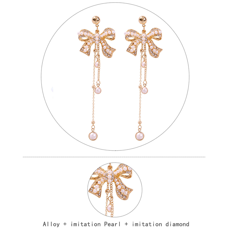 Fashion Gold Alloy Pearl Bow Tassel Earrings,Drop Earrings