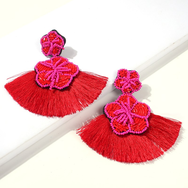 Fashion Green Alloy Rice Beads Flower Tassel Earrings,Drop Earrings
