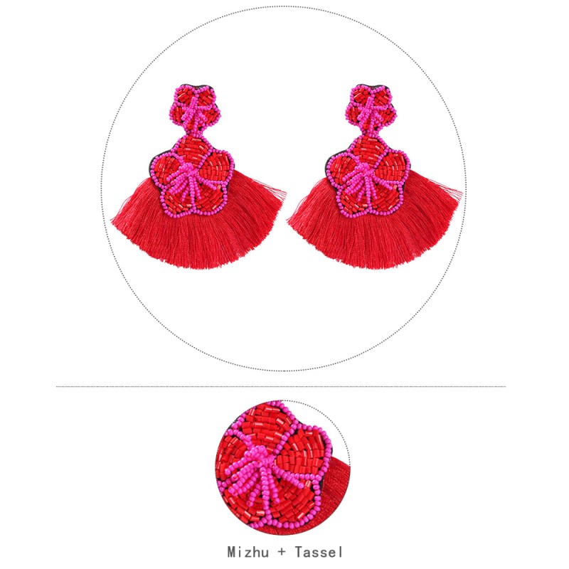 Fashion Red Alloy Rice Beads Flower Tassel Earrings,Drop Earrings