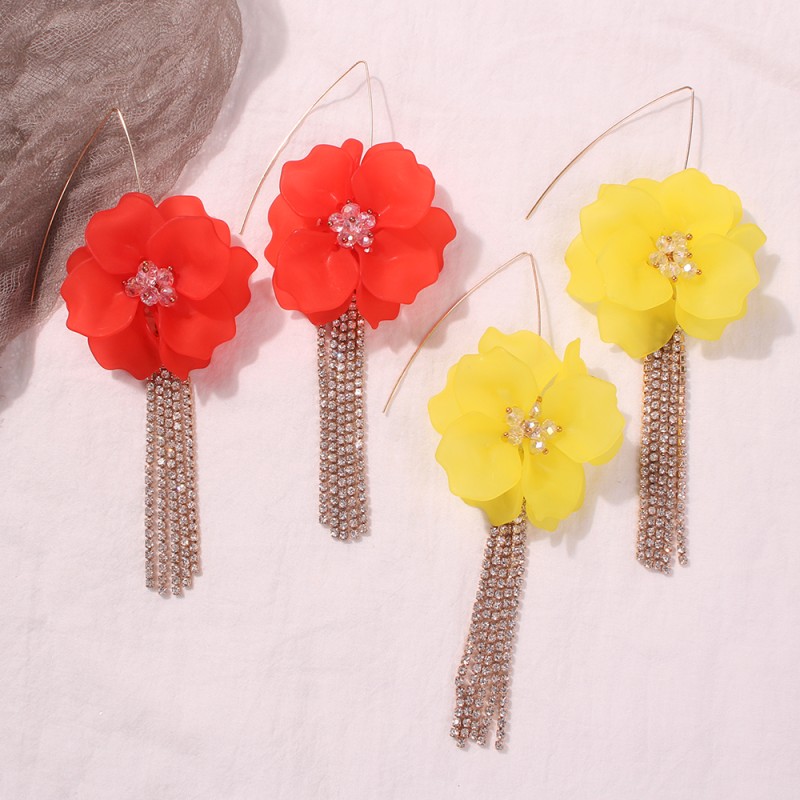 Fashion Red Alloy Diamond-studded Resin Flower Tassel Earrings,Drop Earrings