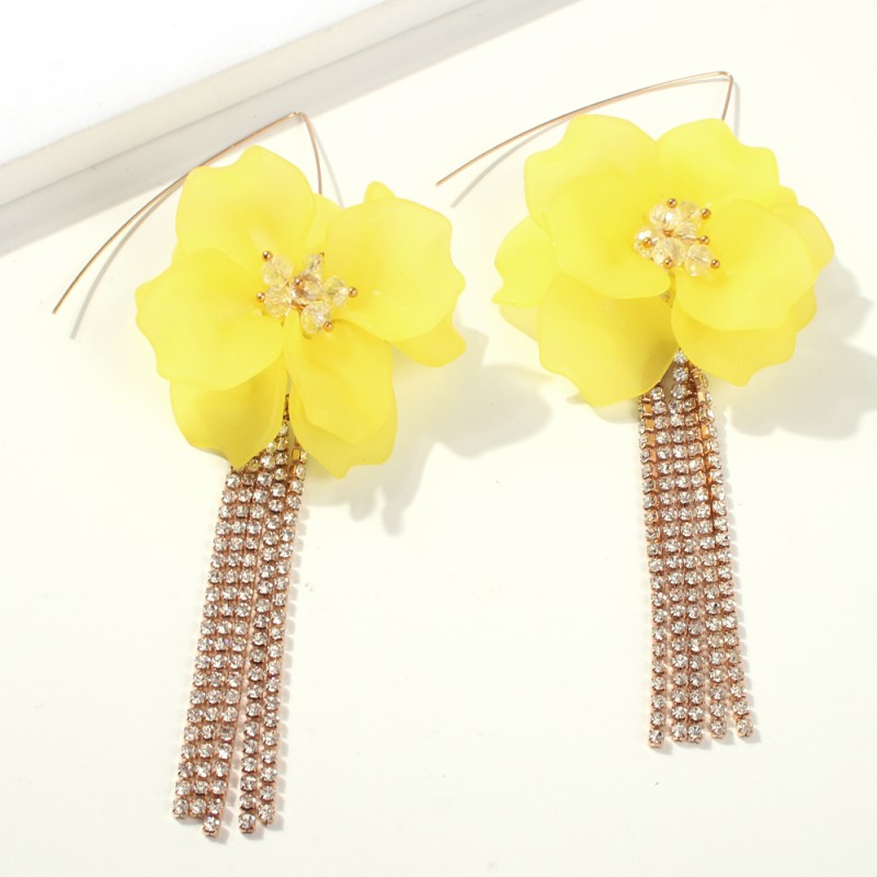 Fashion Red Alloy Diamond-studded Resin Flower Tassel Earrings,Drop Earrings