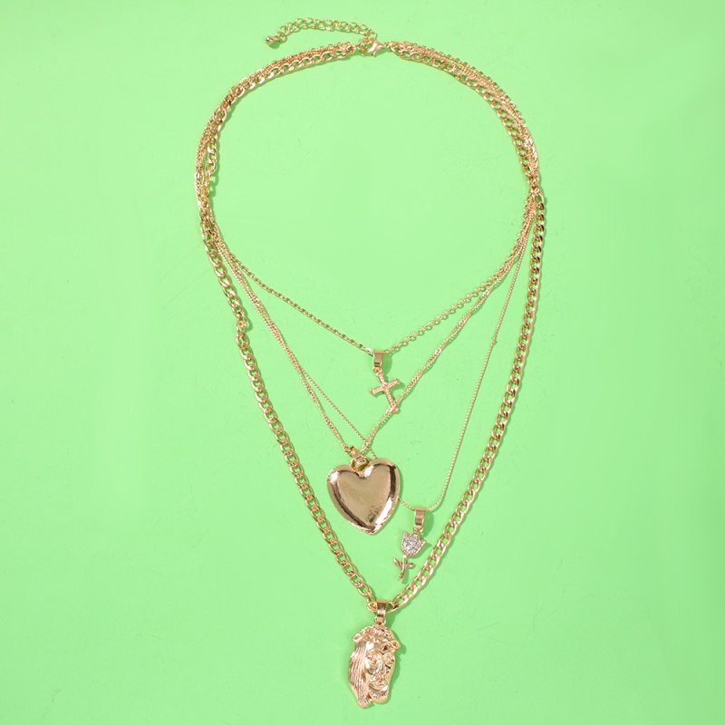 Fashion Gold Alloy Love Rose Head Multilayer Necklace,Pendants