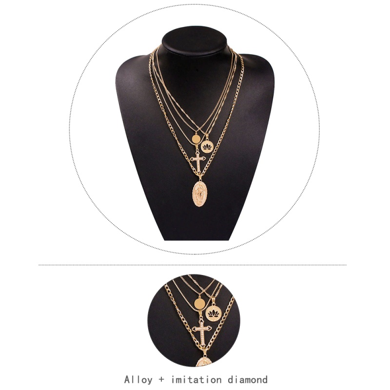 Fashion Gold Alloy Cross Portrait Lotus Multi-layer Necklace,Pendants