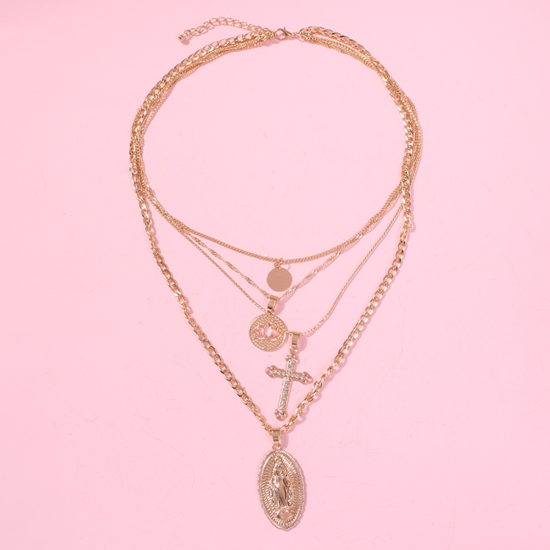 Fashion Gold Alloy Cross Portrait Lotus Multi-layer Necklace,Pendants