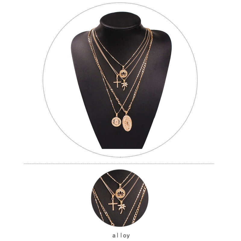 Fashion Gold Alloy Cross Lotus Coco Multilayer Necklace,Pendants