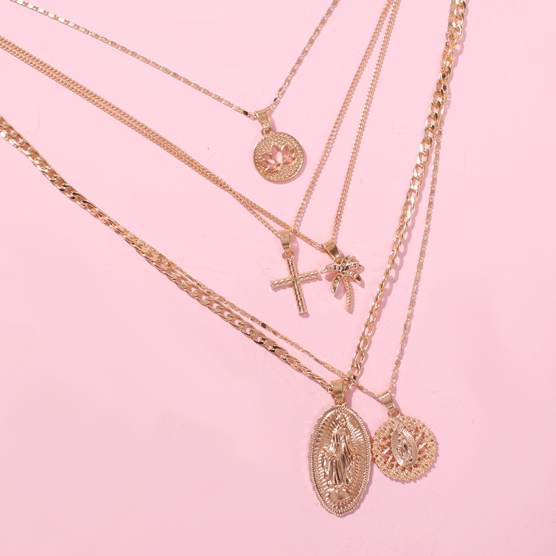 Fashion Gold Alloy Cross Lotus Coco Multilayer Necklace,Pendants