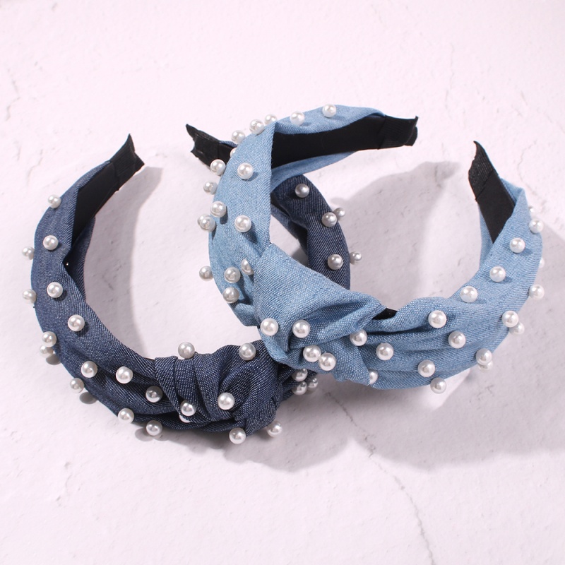 Fashion Navy Blue Denim Pearl Knotted Headband,Head Band