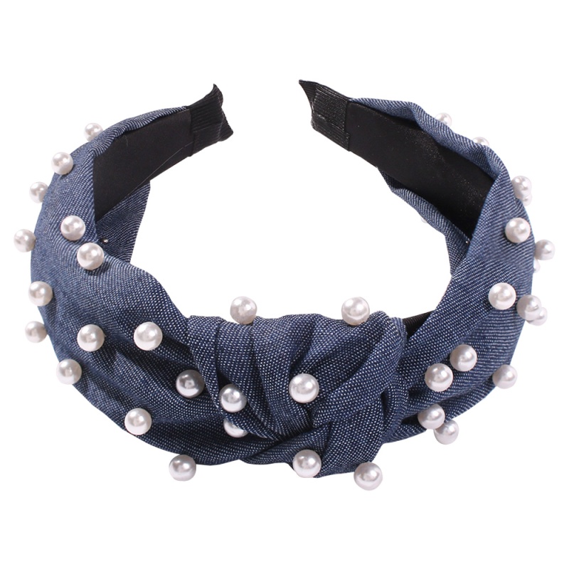 Fashion Light Blue Denim Pearl Knotted Headband,Head Band
