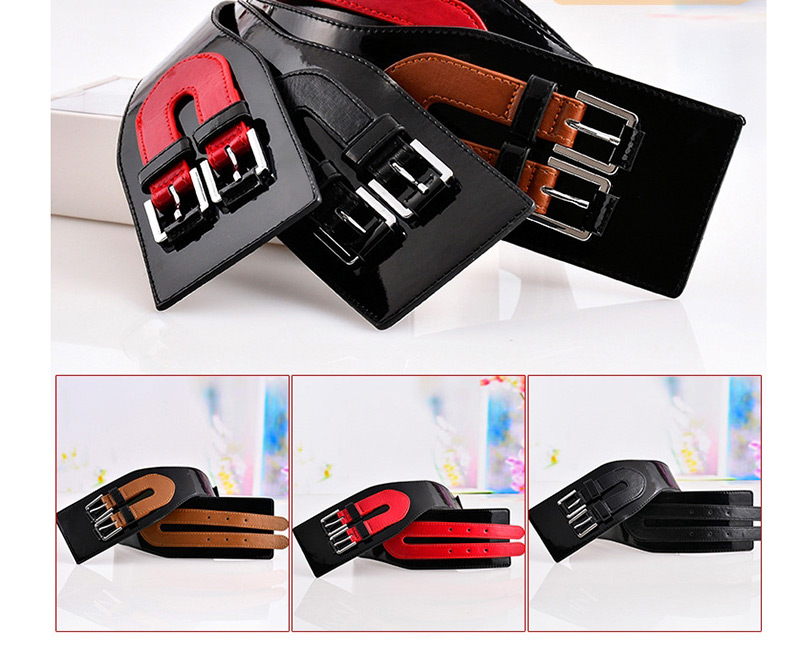 Fashion Z113 Red Faux Leather Openwork Elastic Belt,Wide belts