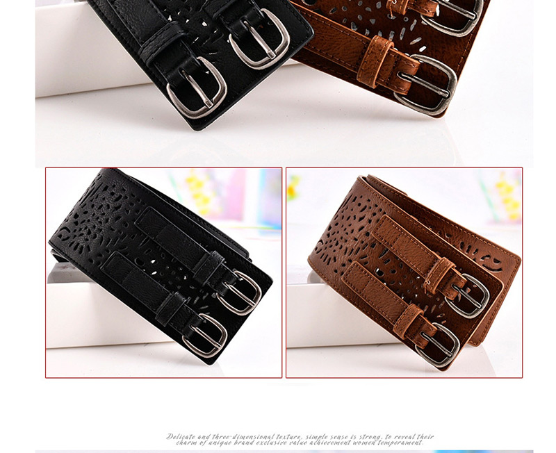Fashion Z107 Brown Faux Leather Openwork Elastic Belt,Wide belts