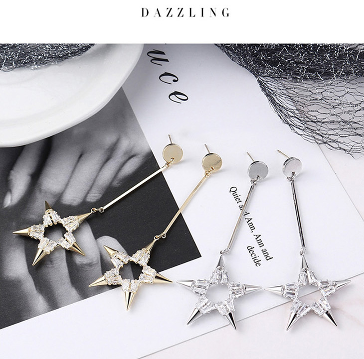 Fashion 14k Gold Plated Gold Five-star Fringed  Silver Needle Earrings,Drop Earrings