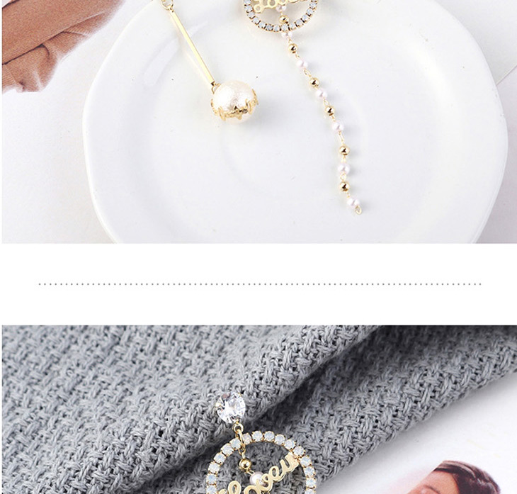 Fashion Gold Plated Gold Asymmetrical Letter Pearl  Silver Needle Earrings,Stud Earrings